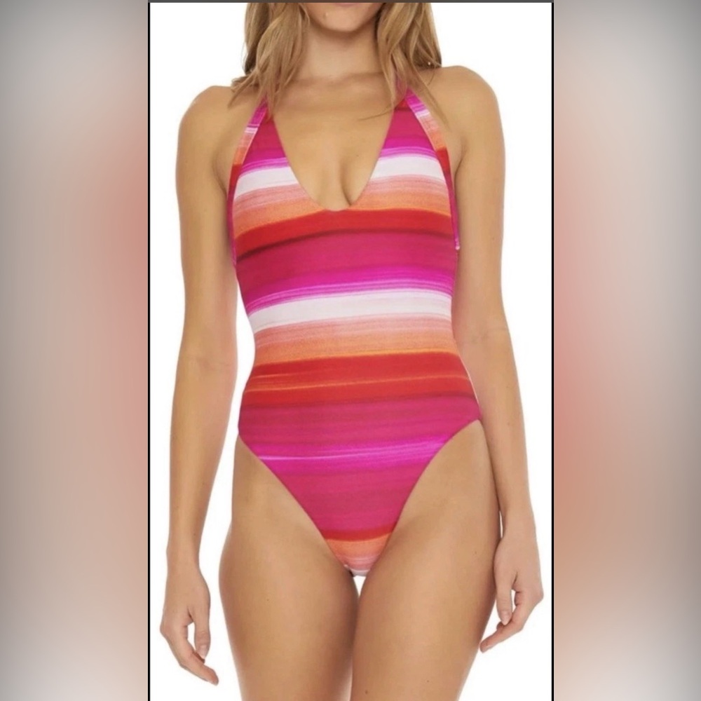 TRINA TURK Womens Orange Pink Solstice Halter Plunge One Piece Swimsuit Size 12